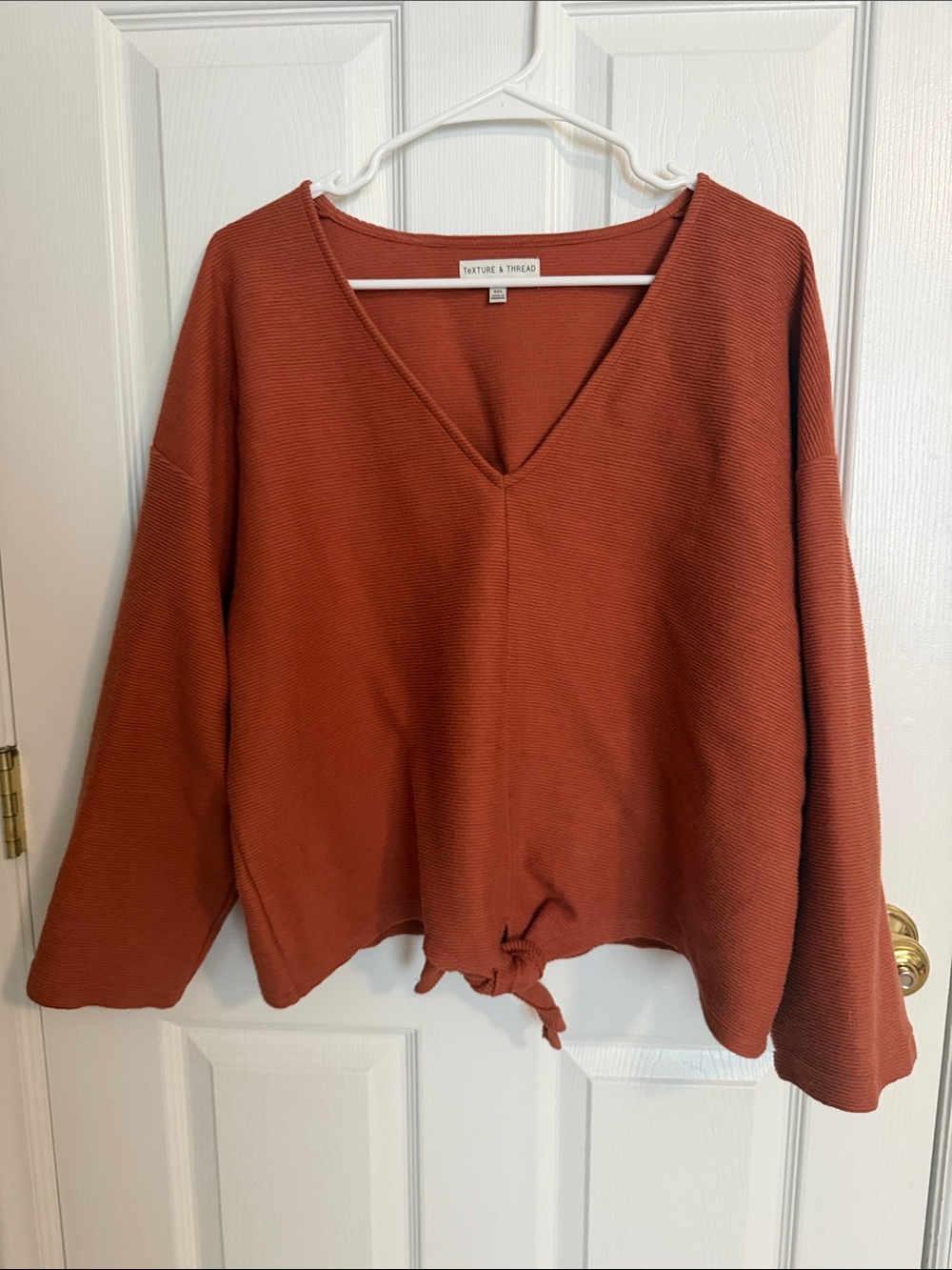 Rust Tie-Hem V-Neck Sweater
